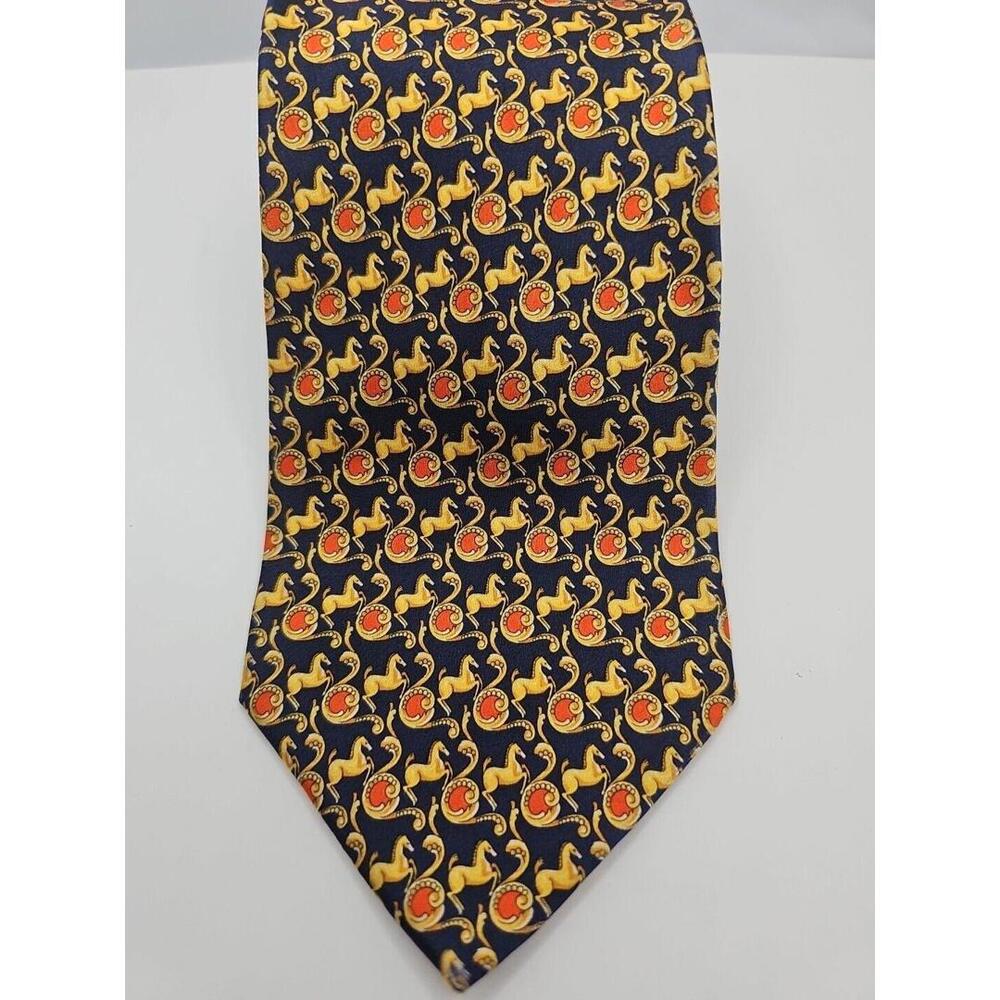 Givenchy Paris Men's Tie Navy Red Gold Stallion Print Silk Tie 57" x 3.75"‎